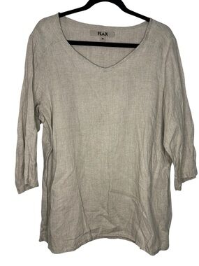 Flax Tan Linen 3/4 Sleeve Tunic Blouse Size Medium Minimalist Lagenlook